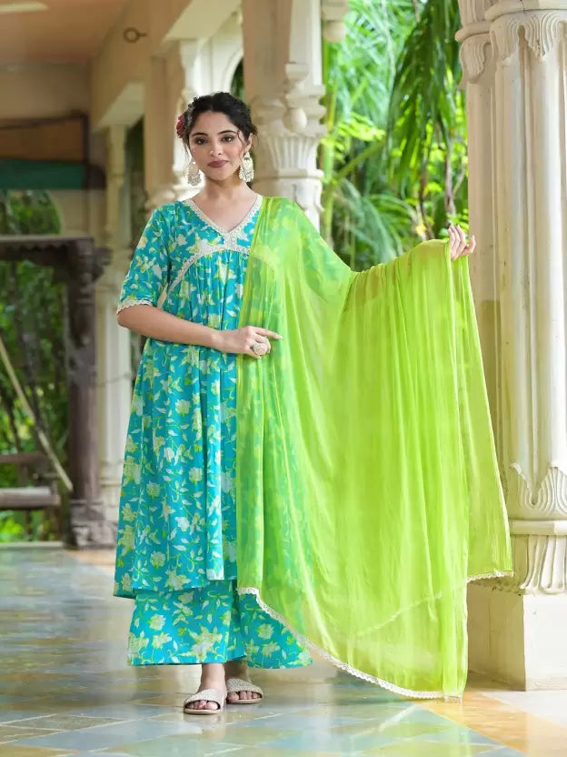 Women Pure Cotton, Chiffon Kurta Palazzo Dupatta Set