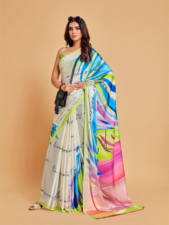 White & Blue Satin Saree