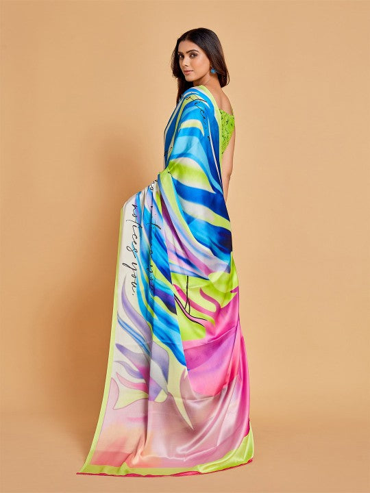 White & Blue Satin Saree