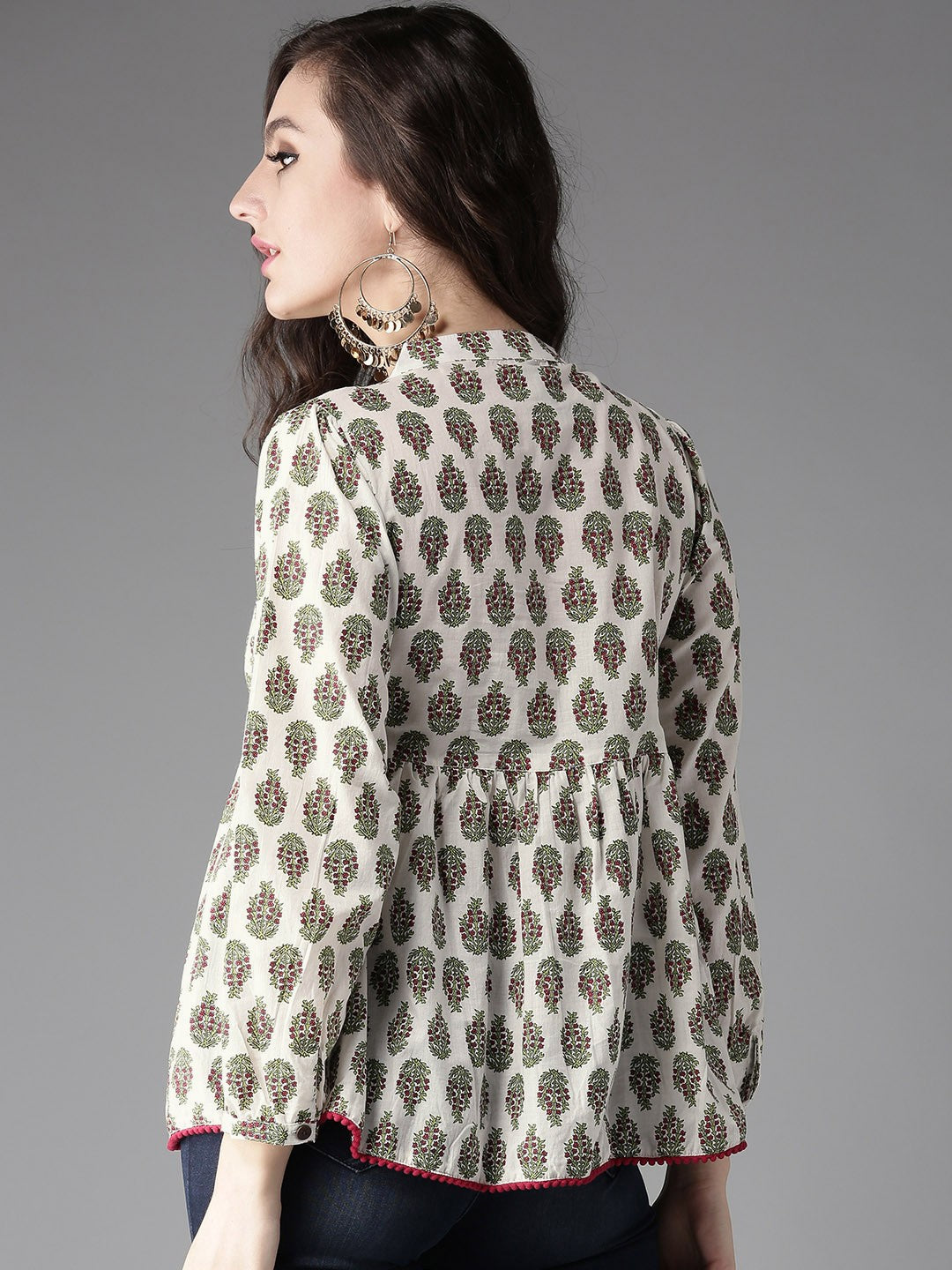 Women White & Green Printed A-Line Top