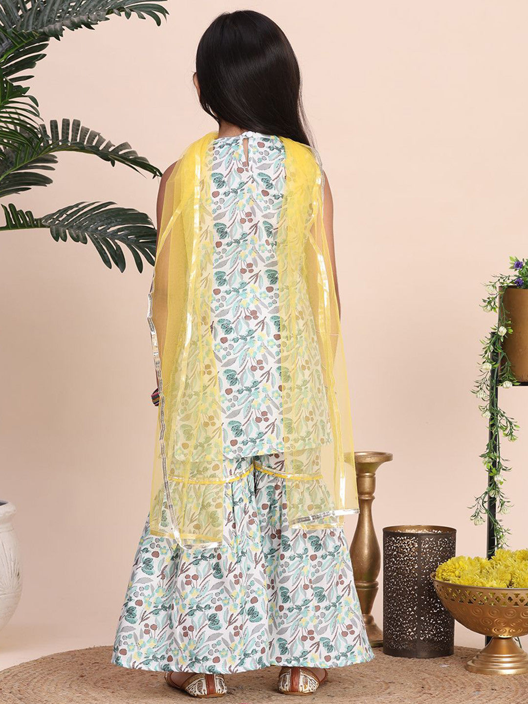 Girls Floral Printed Gotta Patti Straight Kurta with Sharara & Dupatta
