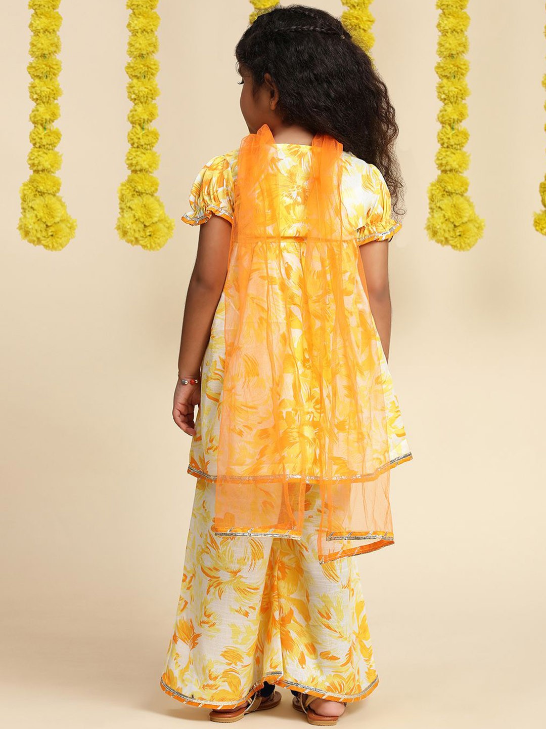 Girls Floral Printed A-Line Gotta Patti Cotton Kurta with Trousers & Dupatta