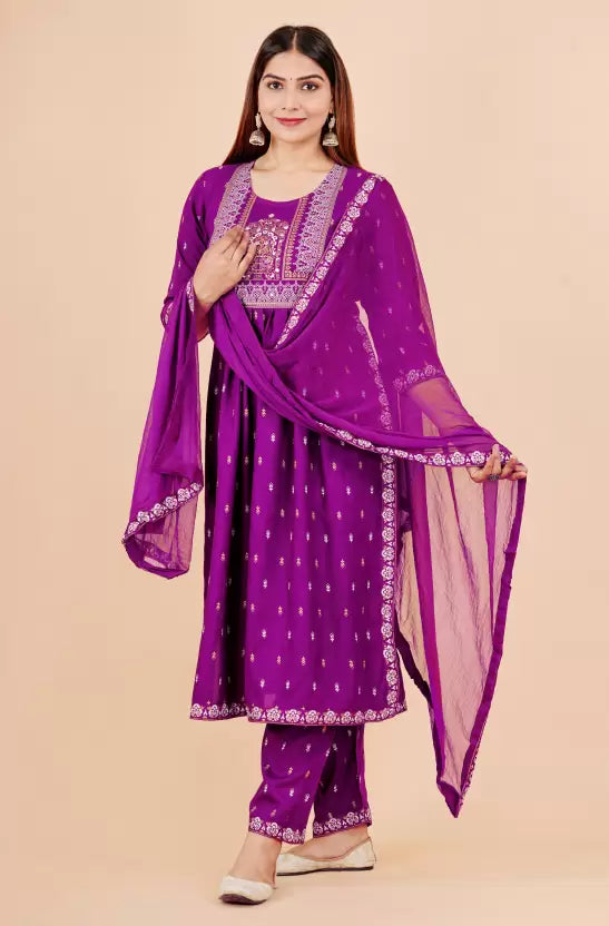 Women Purple Viscose Rayon Kurta and Pant Set
