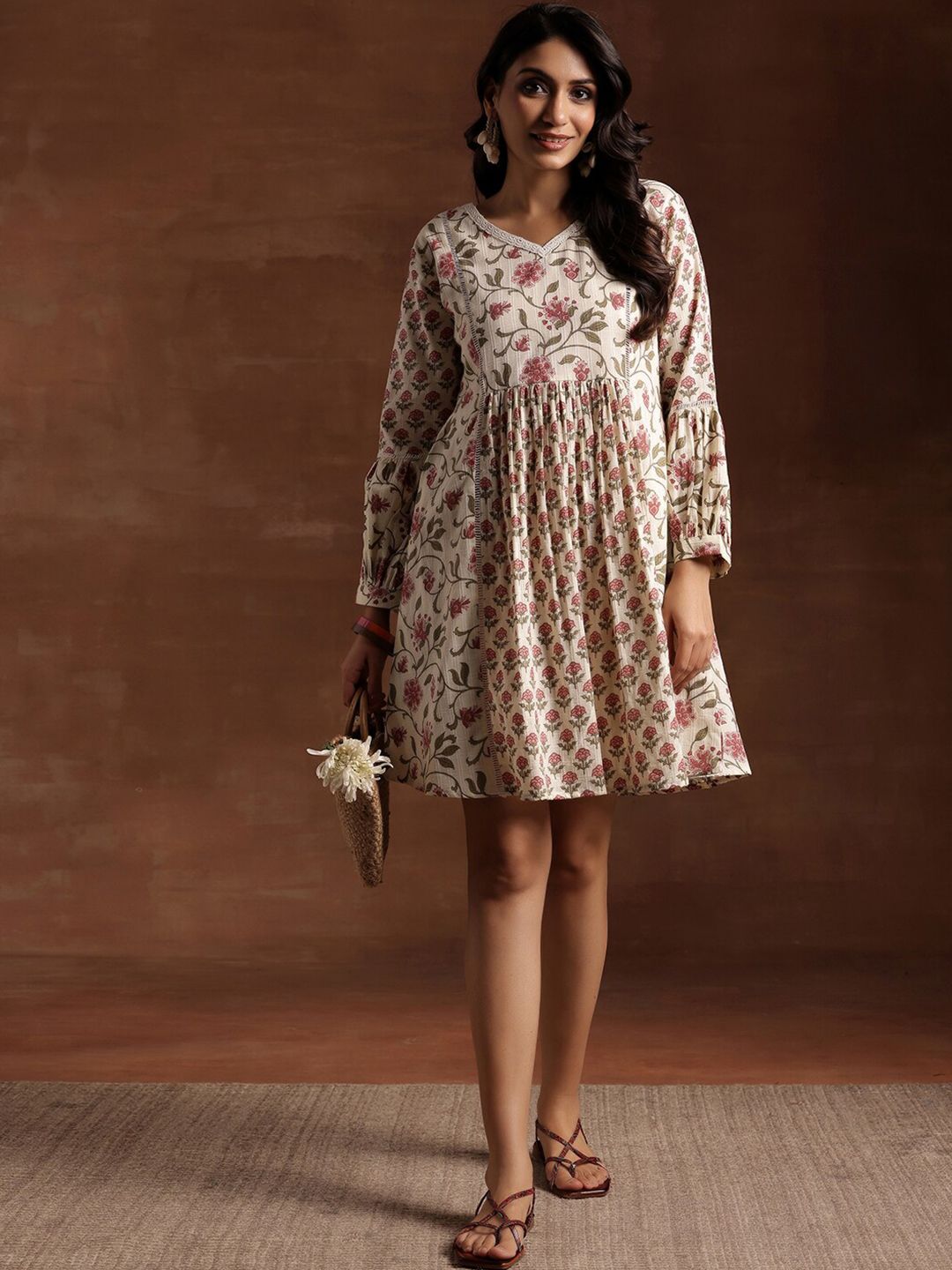 Floral Print Puff Sleeve Cotton A-Line Dress