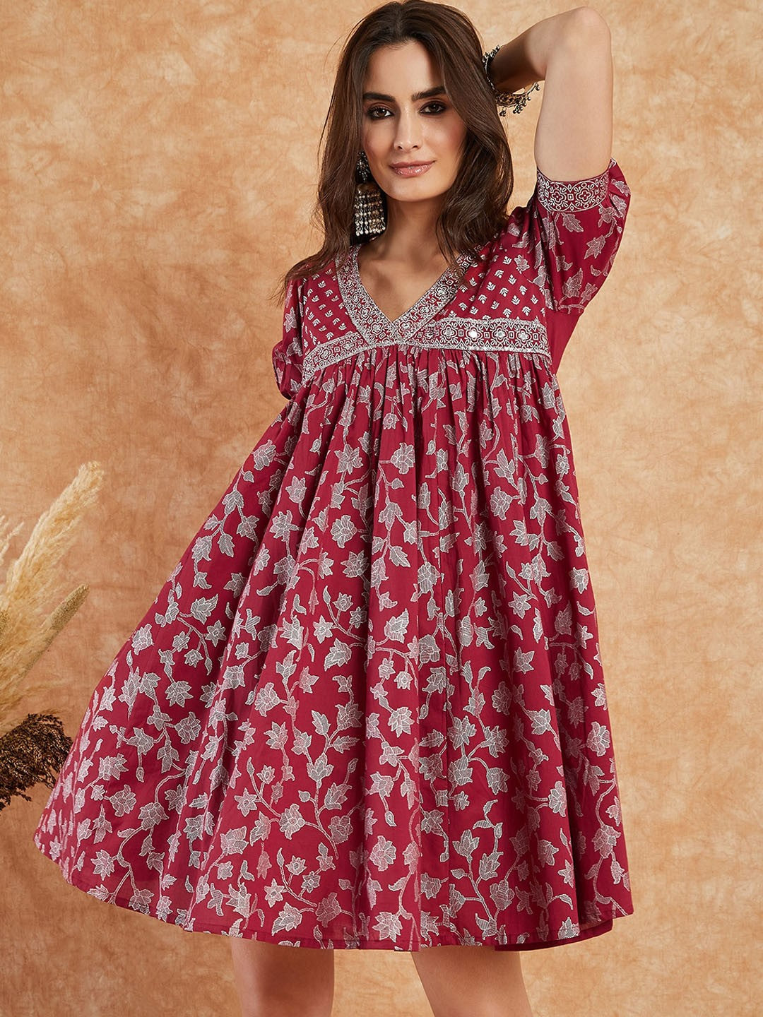 Maroon Ethnic Motifs Printed Empire Ethnic Dress