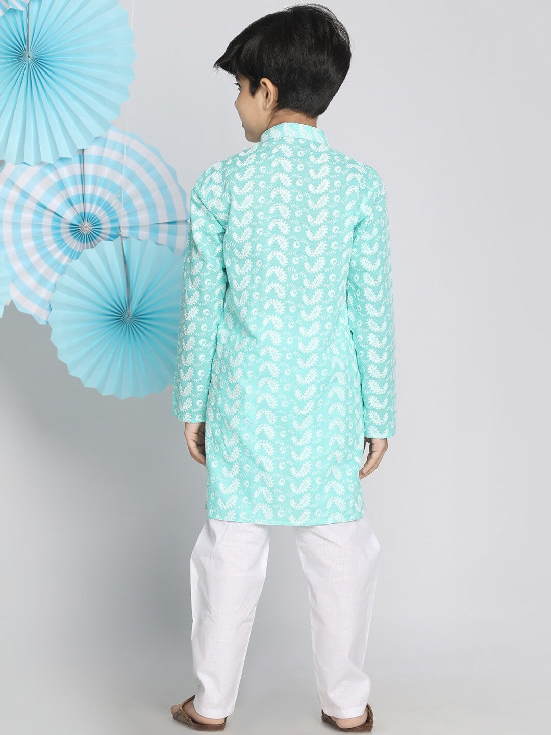 Boys Green & White Embroidered Pure Cotton Kurta with Pyjamas