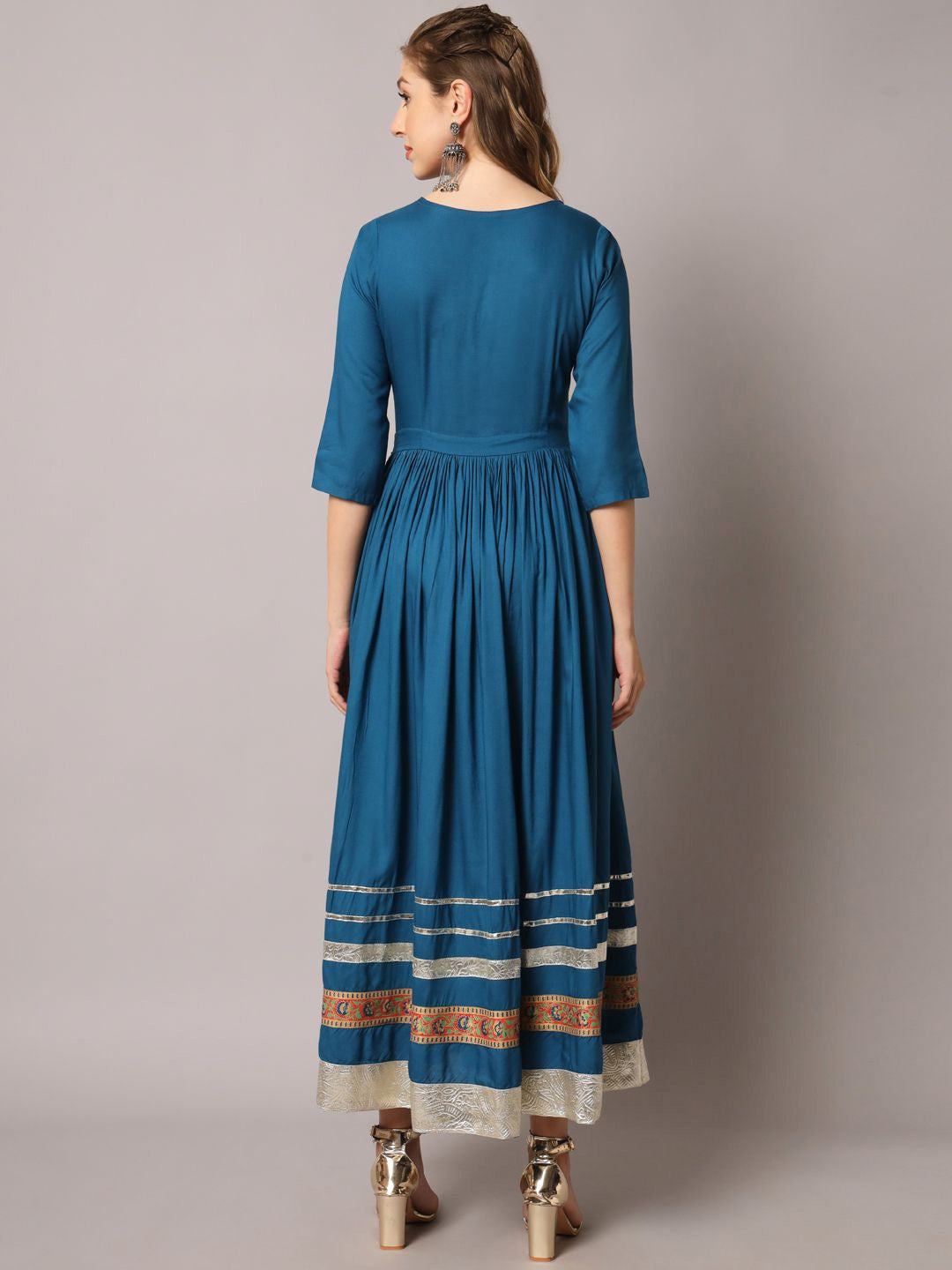 Floral Embroidered Gathered or Pleated Mirror Work Pleated Anarkali Ethnic Dress