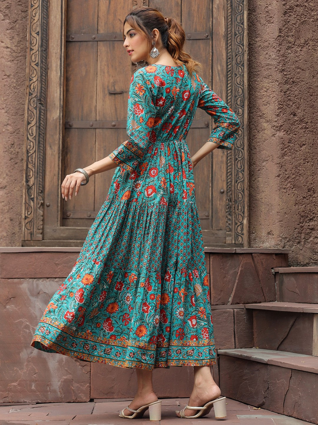 Women Green & Red Ethnic Pure Cotton A-Line Midi Dress