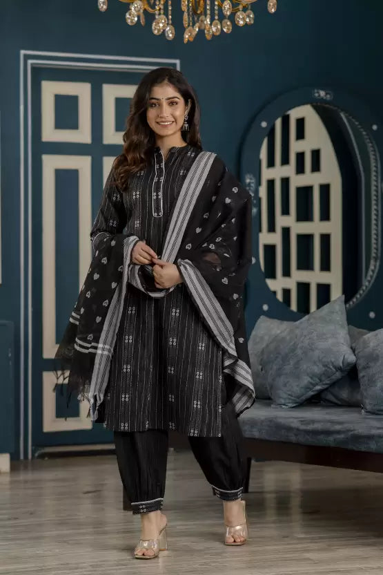 Women Black Cotton Blend Kurta Pant Dupatta Set