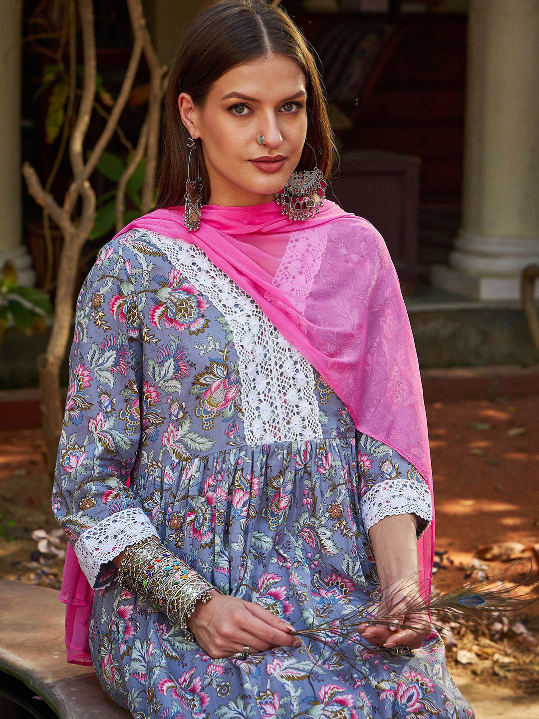 Floral Printed Thread Work Pure Cotton Kurta With Trousers & Dupatta