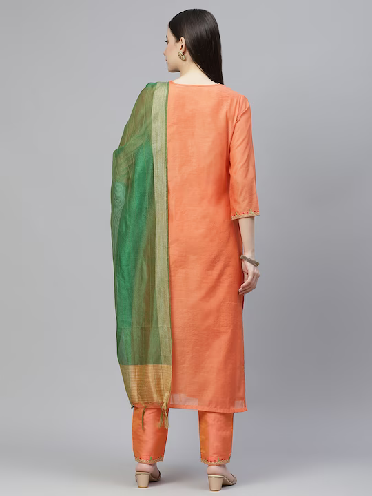Women Orange & Green Ethnic Yoke Design Kurta with Trousers & With Dupatta