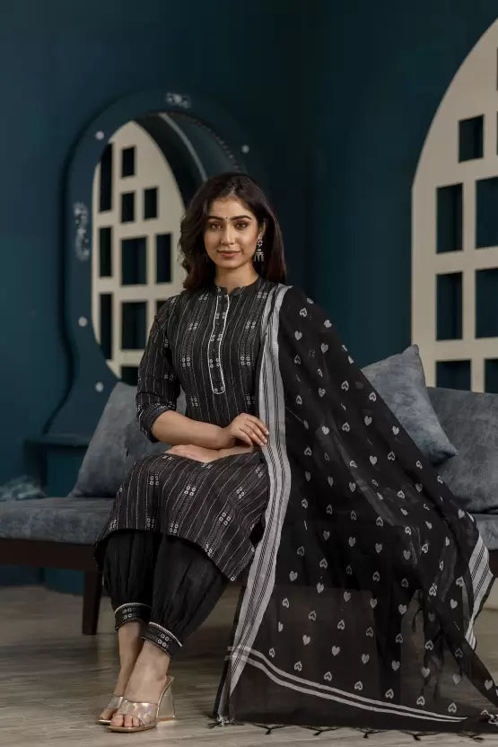 Women Black Cotton Blend Kurta Pant Dupatta Set
