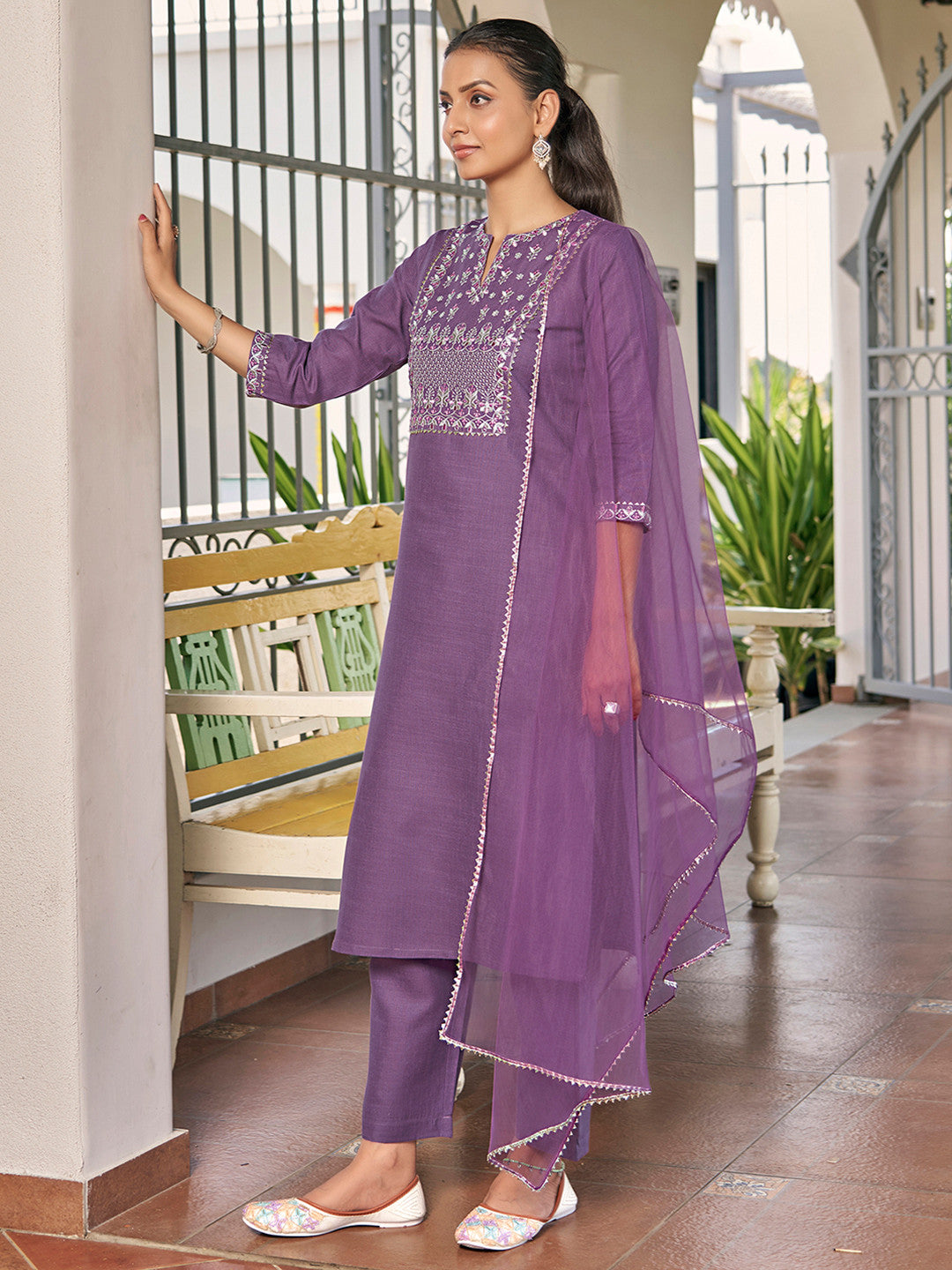 Floral Yoke Design Notch Neck Thread Work Straight Kurta With Trousers & Dupatta