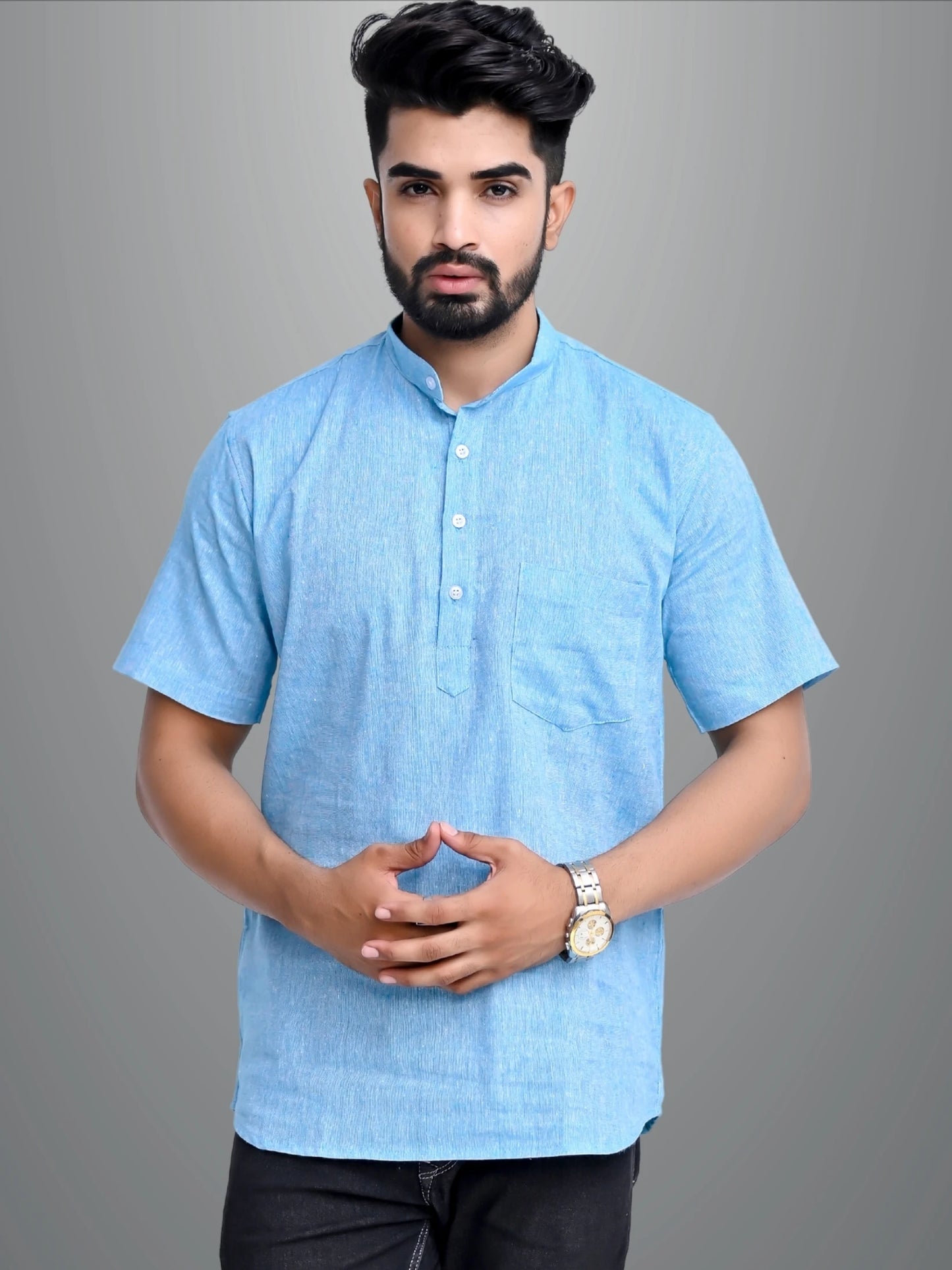 Men Solid Cotton Blend Straight Kurta (Light Blue)