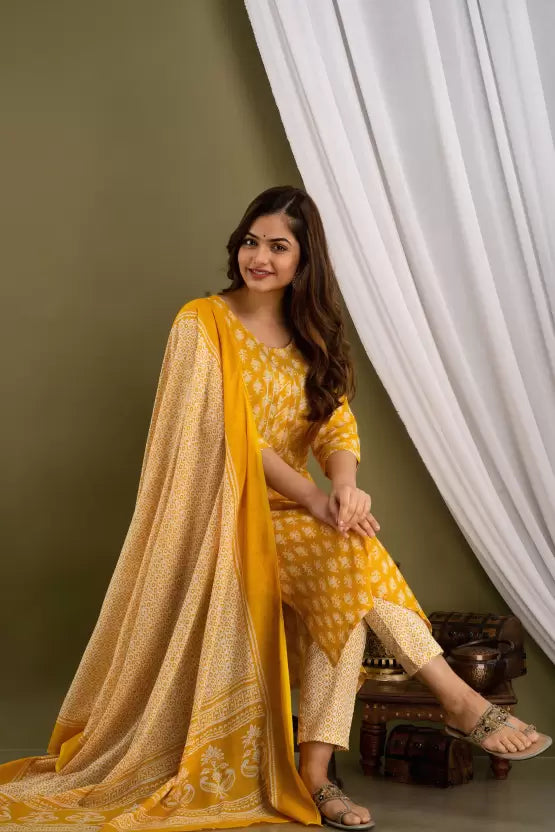 Women Pure Cotton Kurta Pant Dupatta Set (Multicolor)