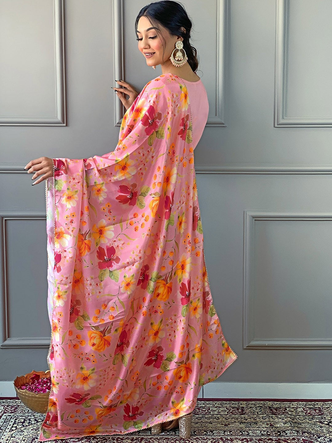 Floral Yoke Design Regular Straight Kurta With Trousers & Dupatta