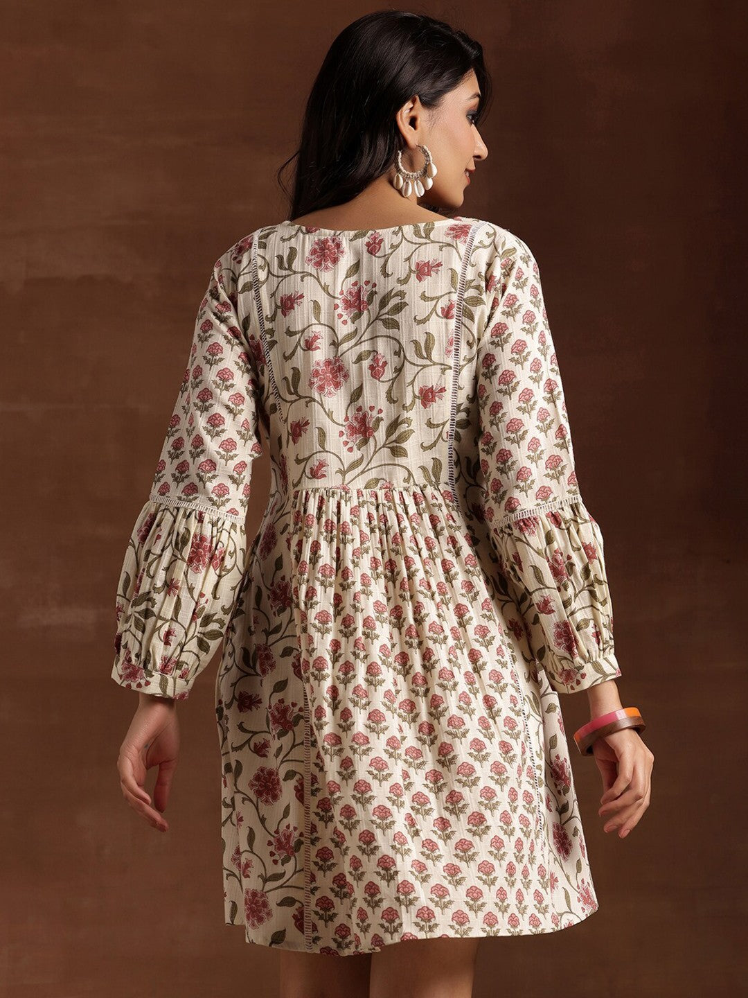 Floral Print Puff Sleeve Cotton A-Line Dress