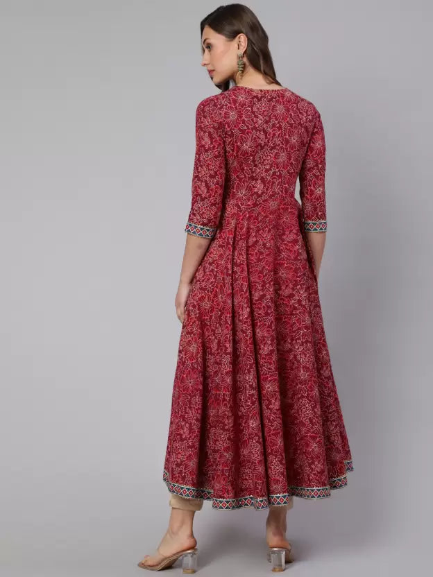 Women Printed Pure Cotton Flared Kurta (Maroon)