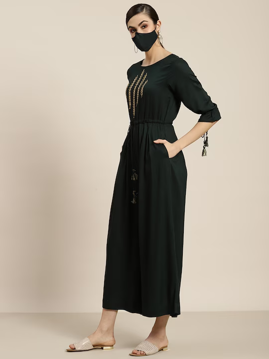Women Green Embroidered Basic Jumpsuit with Gather detail