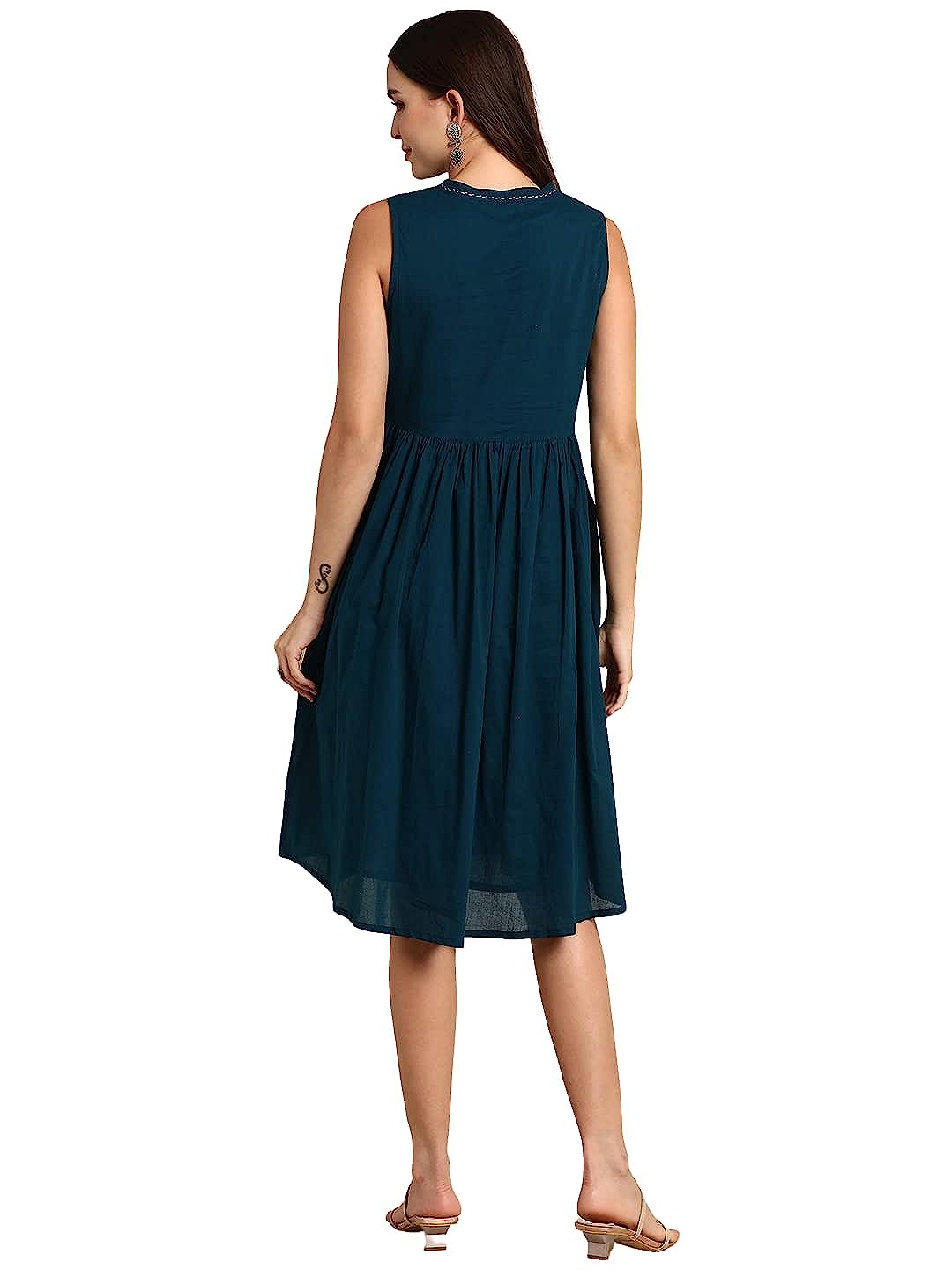 Teal Solid A-Line Midi Dress