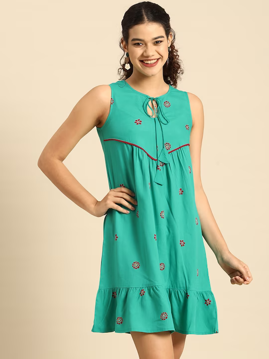 Turquoise Blue Floral Keyhole Neck A-Line Dress