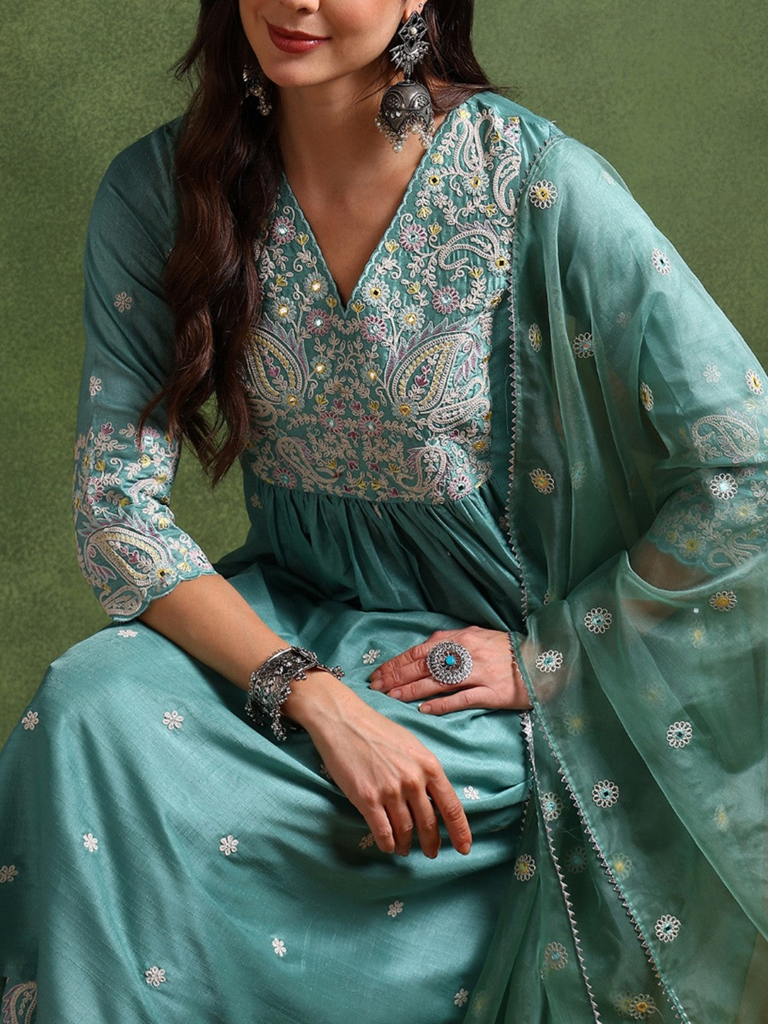 Floral Embroidered Pleated Thread Work Kurta with Palazzos & Dupatta