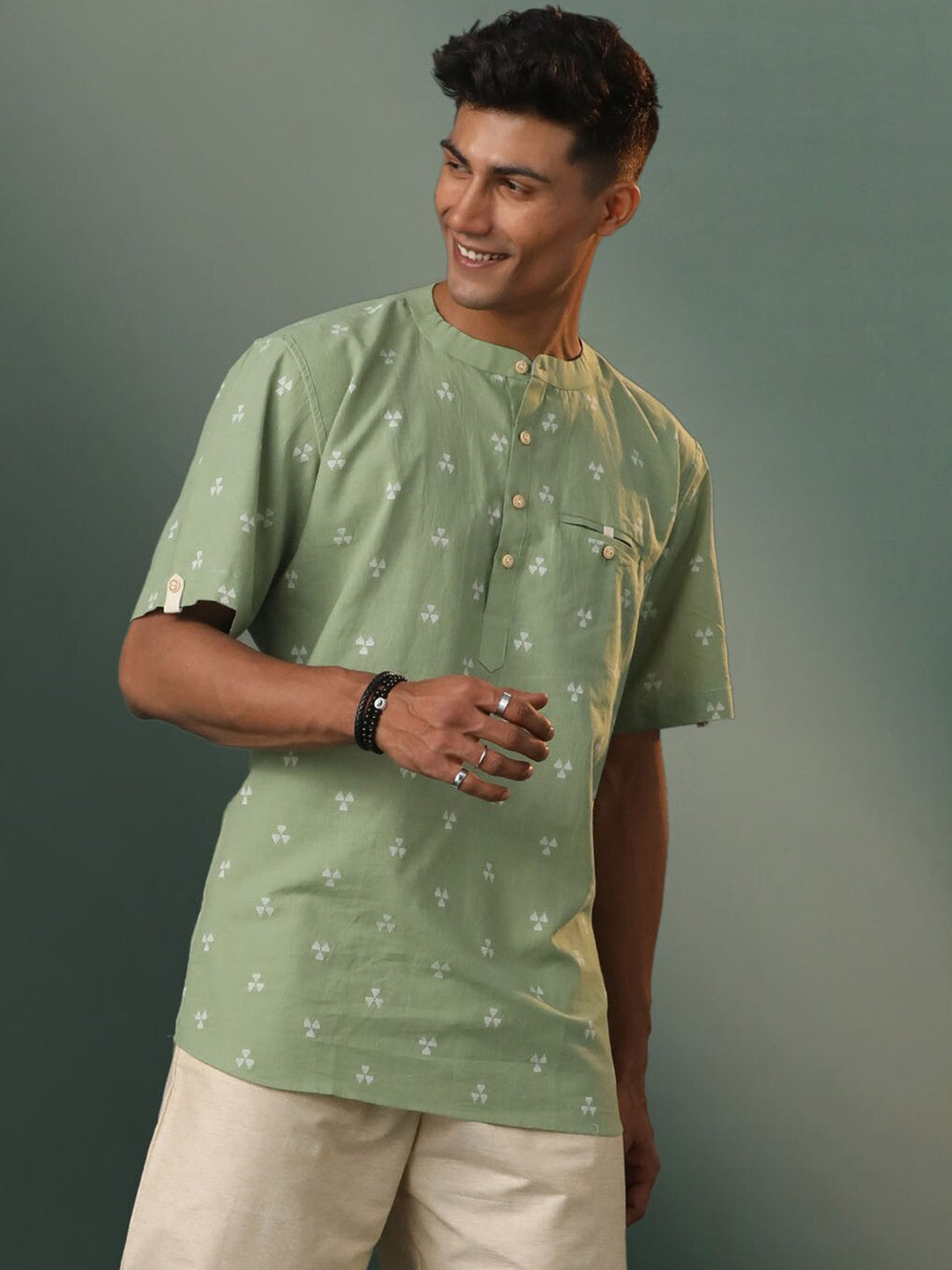 Geometric Woven Design Mandarin Collar Straight Kurta