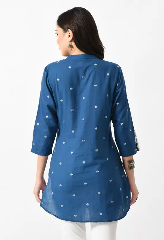 Casual Puff Sleeves Printed Women Blue Top