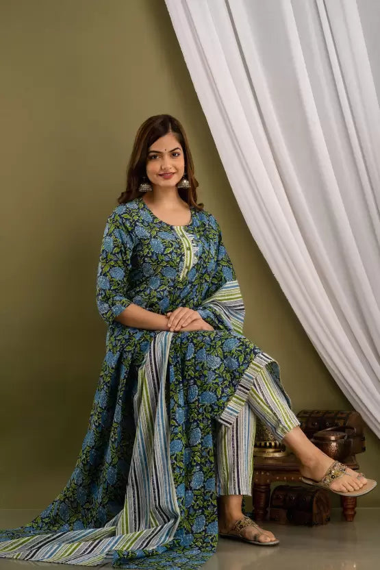 Women Pure Cotton Kurta Pant Dupatta Set (Multicolor)
