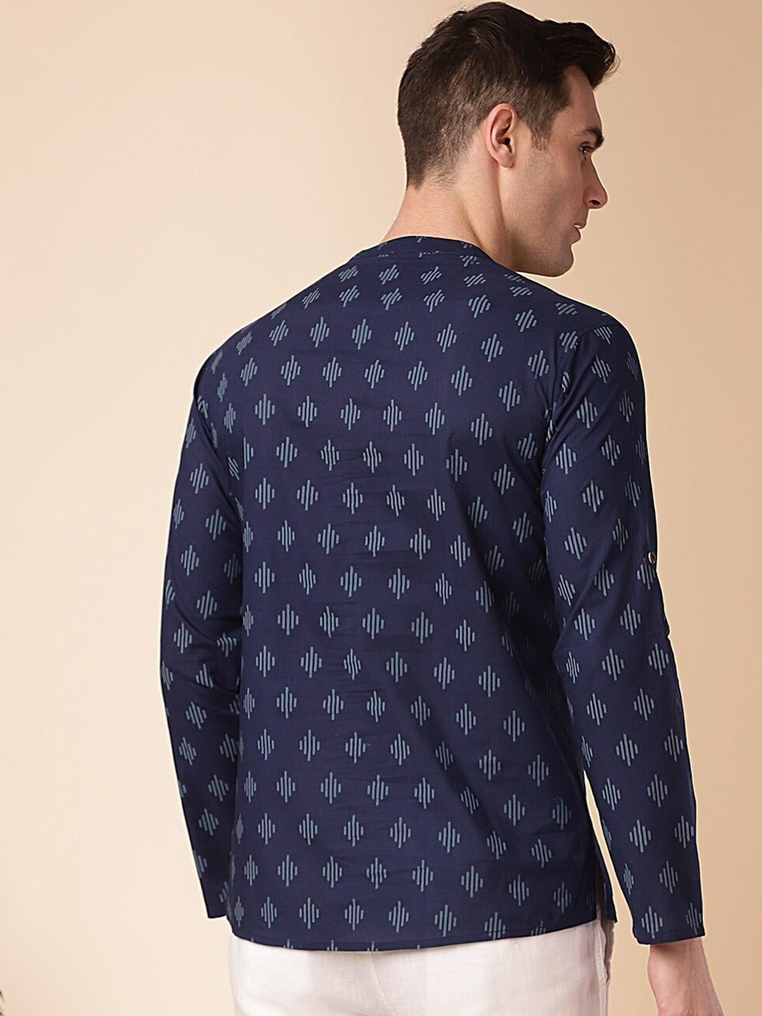 Blue Ethnic Motifs Printed Mandarin Collar Long Sleeves Cotton Straight Kurta