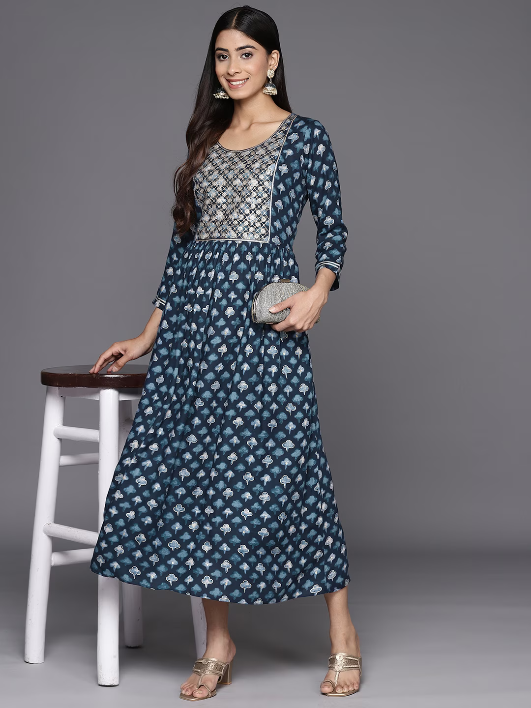 Ethnic Motifs Embellished Fit & Flare Midi Ethnic Dress
