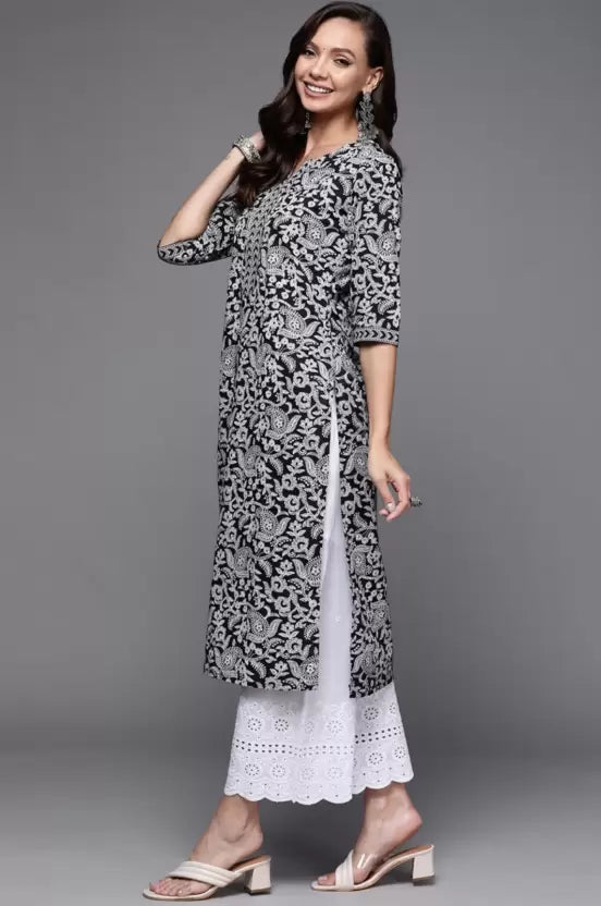 Women Black and White Viscose Rayon Kurta and Palazzo Set