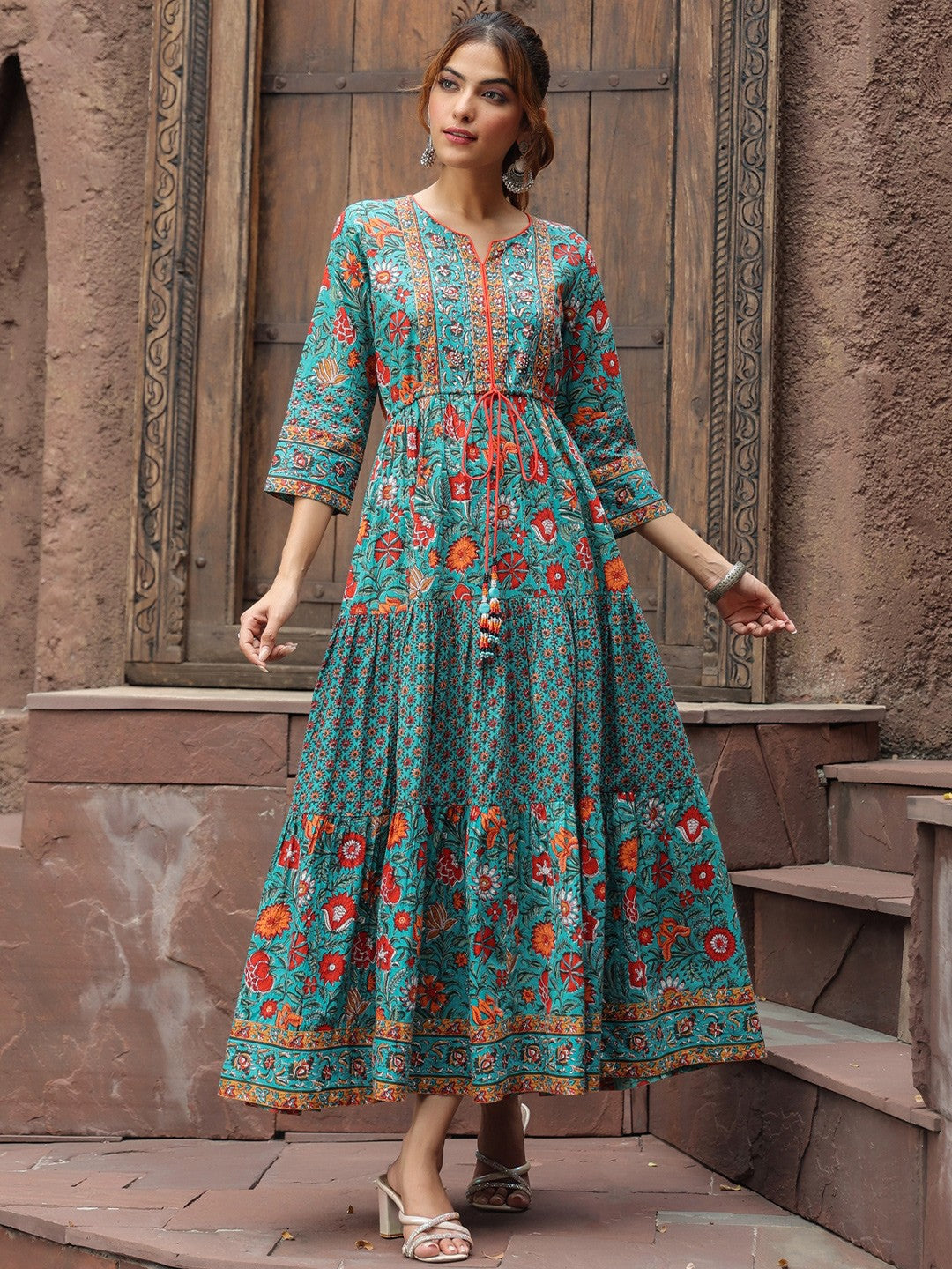 Women Green & Red Ethnic Pure Cotton A-Line Midi Dress