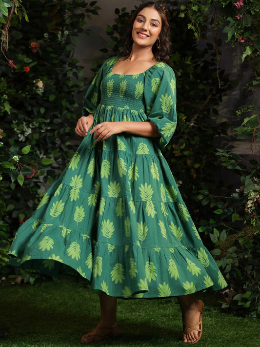 Printed Puff Sleeves Cotton Maxi Ethnic Dress