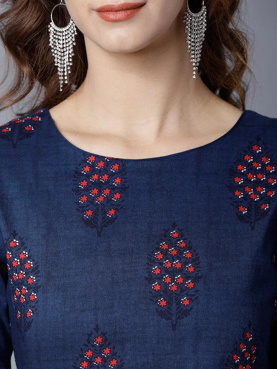 Navy Blue Ethnic Motifs Printed Cotton Maxi Dress