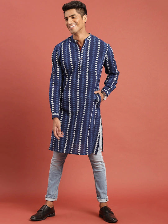 Men Blue Indigo Hand Block Print Straight Sustainable Kurta with Pockets