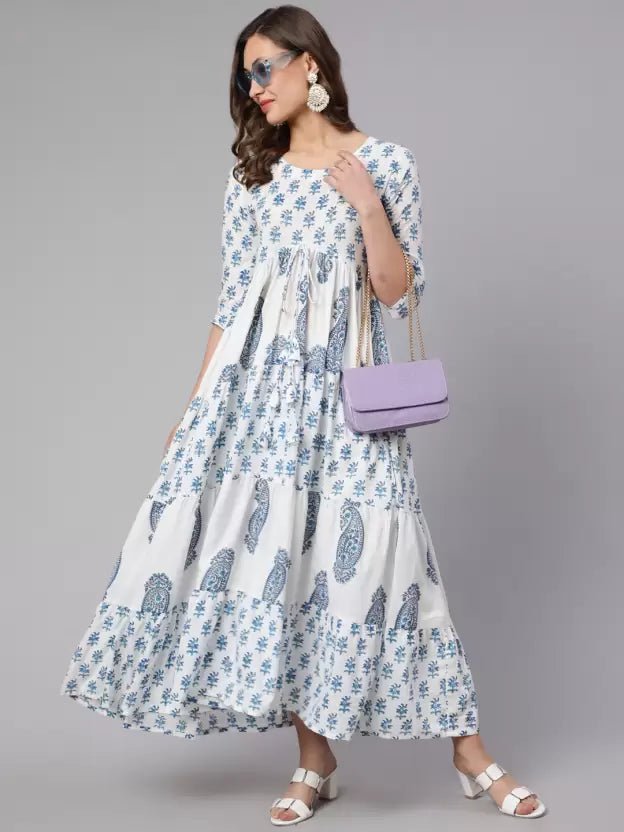 Women Printed Viscose Rayon Flared Kurta (White)
