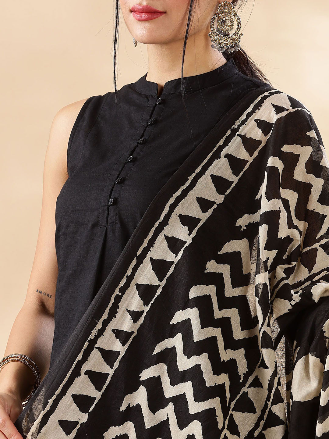 Mandarin Collar Pure Cotton A-Line Kurta With Palazzos & Dupatta