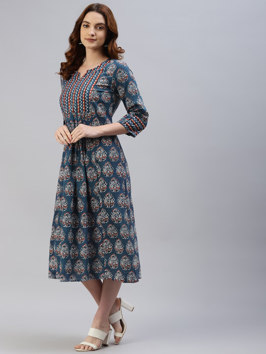 Women Teal Blue & White Ethnic Motifs Printed A-Line Midi Dress