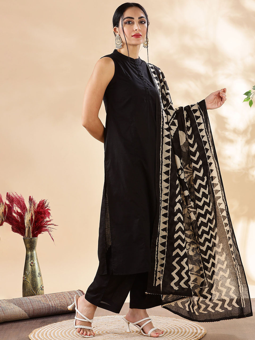 Mandarin Collar Pure Cotton A-Line Kurta With Palazzos & Dupatta