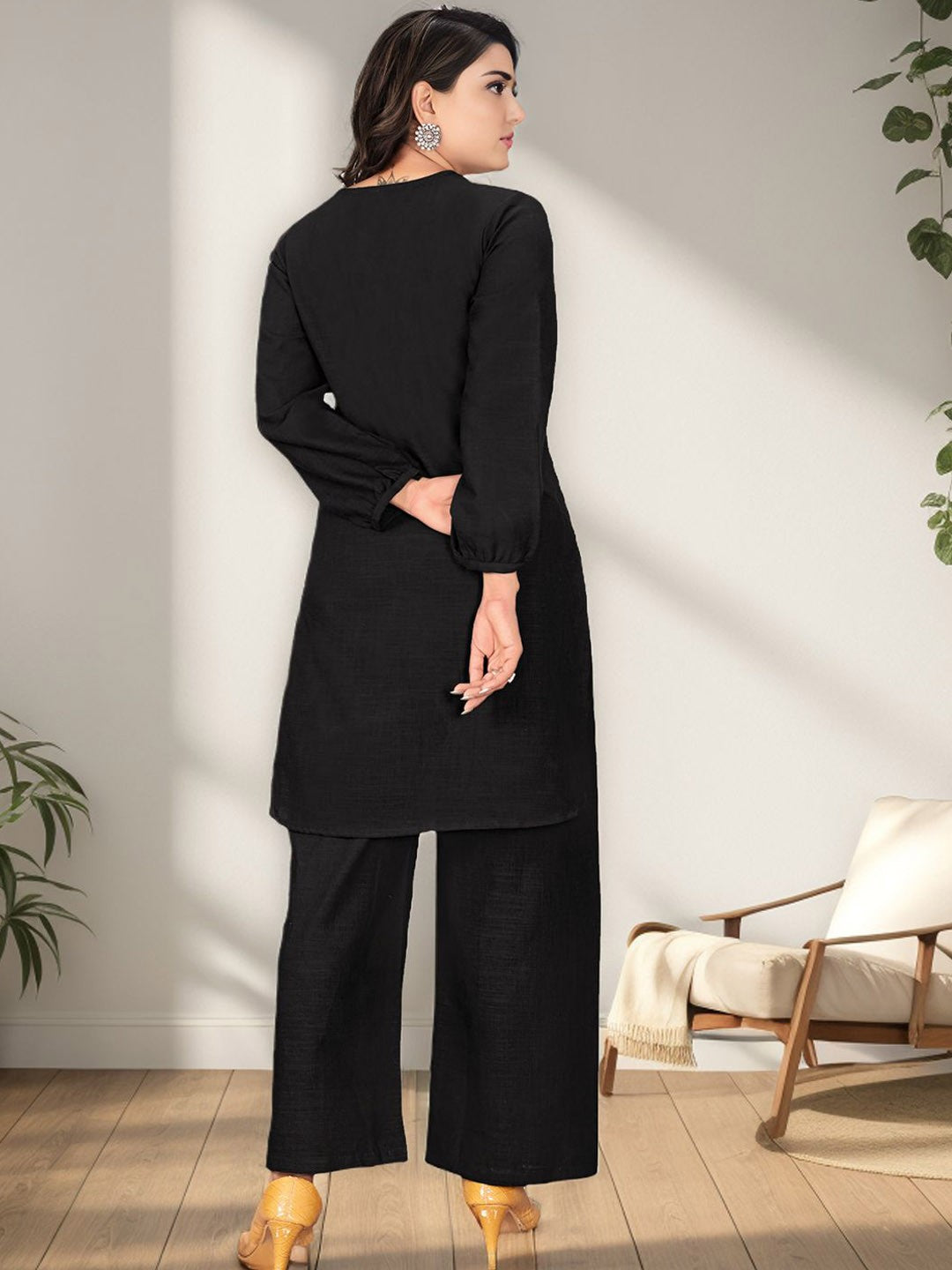 V-Neck Pure Cotton Straight Kurta with Trousers & Palazzos