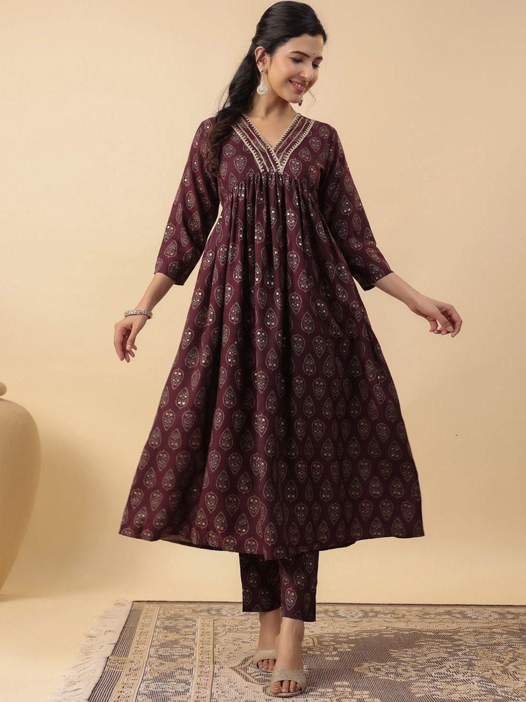 Women Ethnic Motifs Printed Pleated Kurta with Trousers & With Dupatta