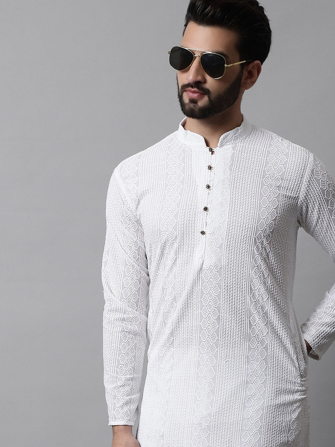 Men White Chikankari Embroidered Pure Cotton Kurta