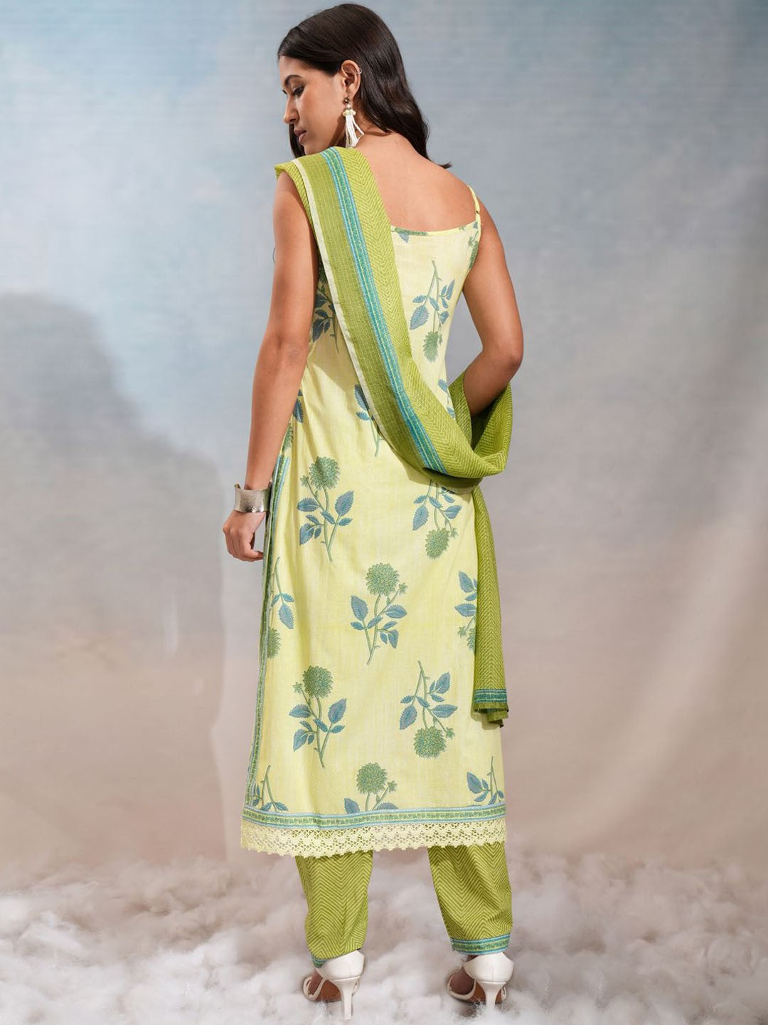 Lime Green Floral Shoulder Straps Cotton Straight Kurta With Trousers & Dupatta