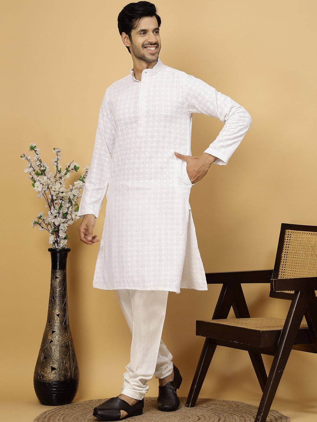 Ethnic Motifs Embroidered Sequined Pure Cotton Kurta
