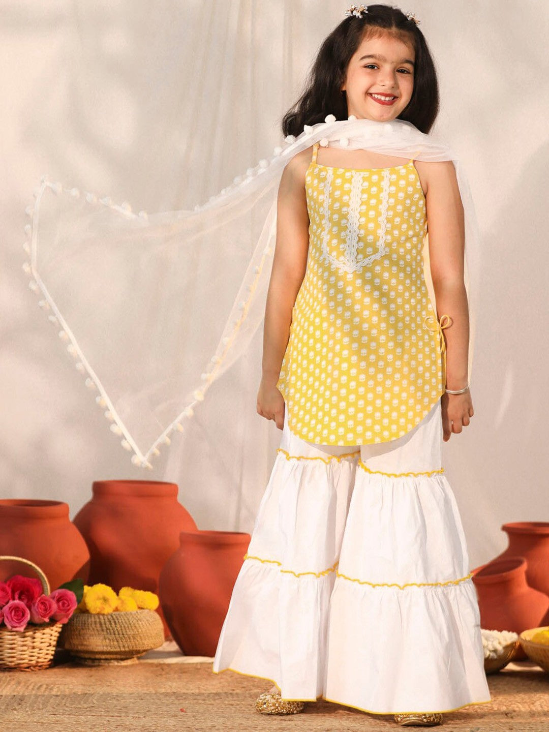 Girls Floral Printed Thread Work Pure Cotton Kurti with Sharara & Dupatta