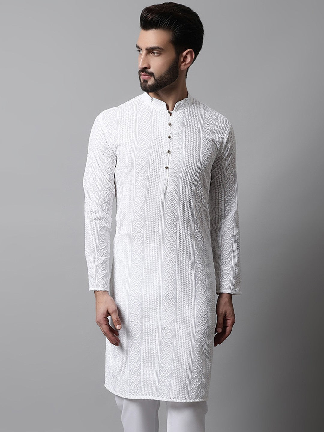 Men White Chikankari Embroidered Pure Cotton Kurta