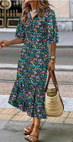 Women's Full-Print Floral Fish Tail Hem Midi Dress