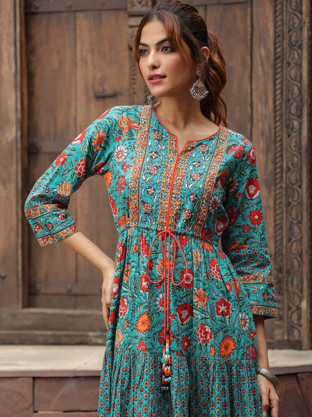 Women Green & Red Ethnic Pure Cotton A-Line Midi Dress