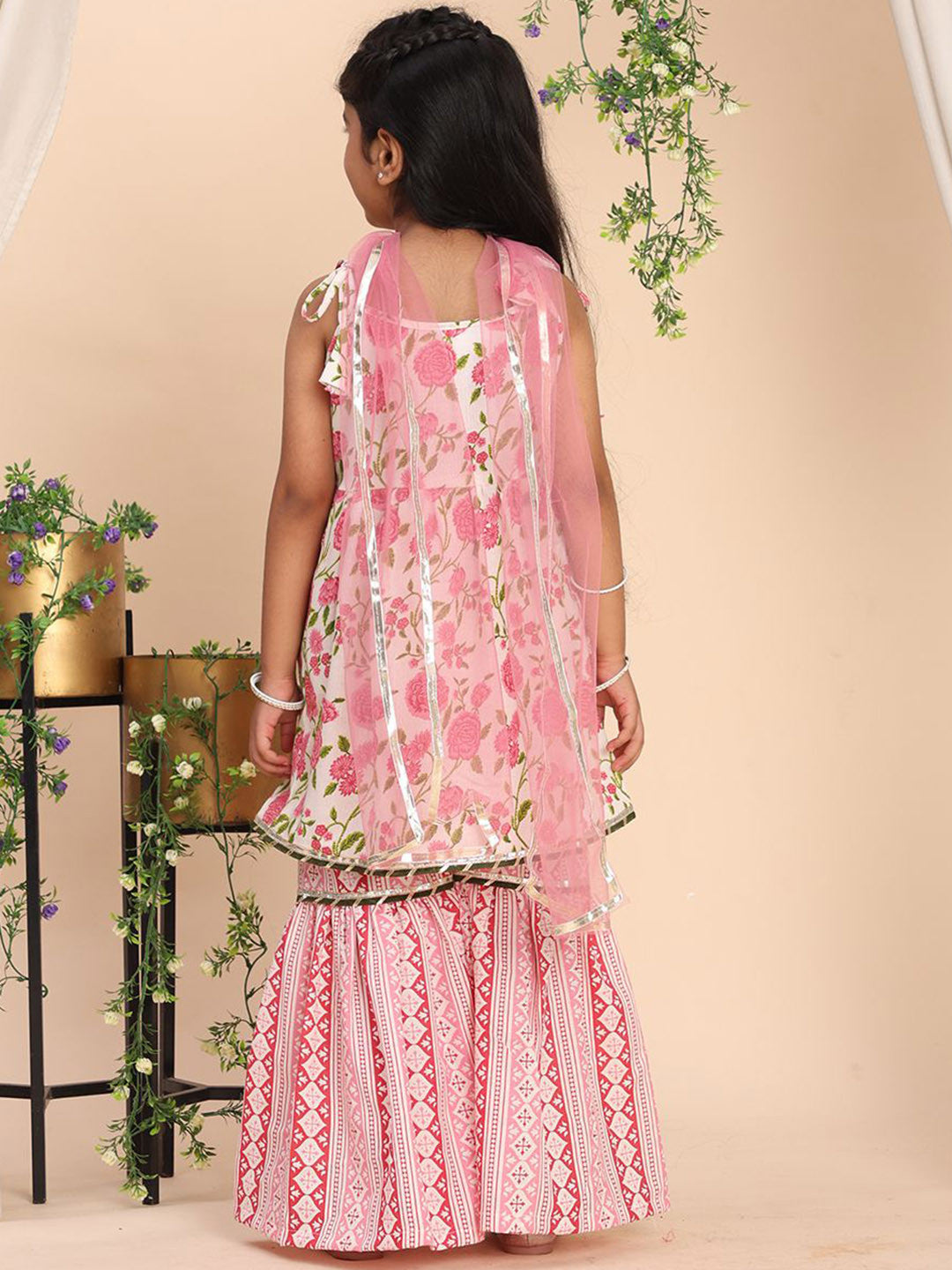 Girls Floral Printed Empire Gotta Patti Kurta with Sharara & Dupatta